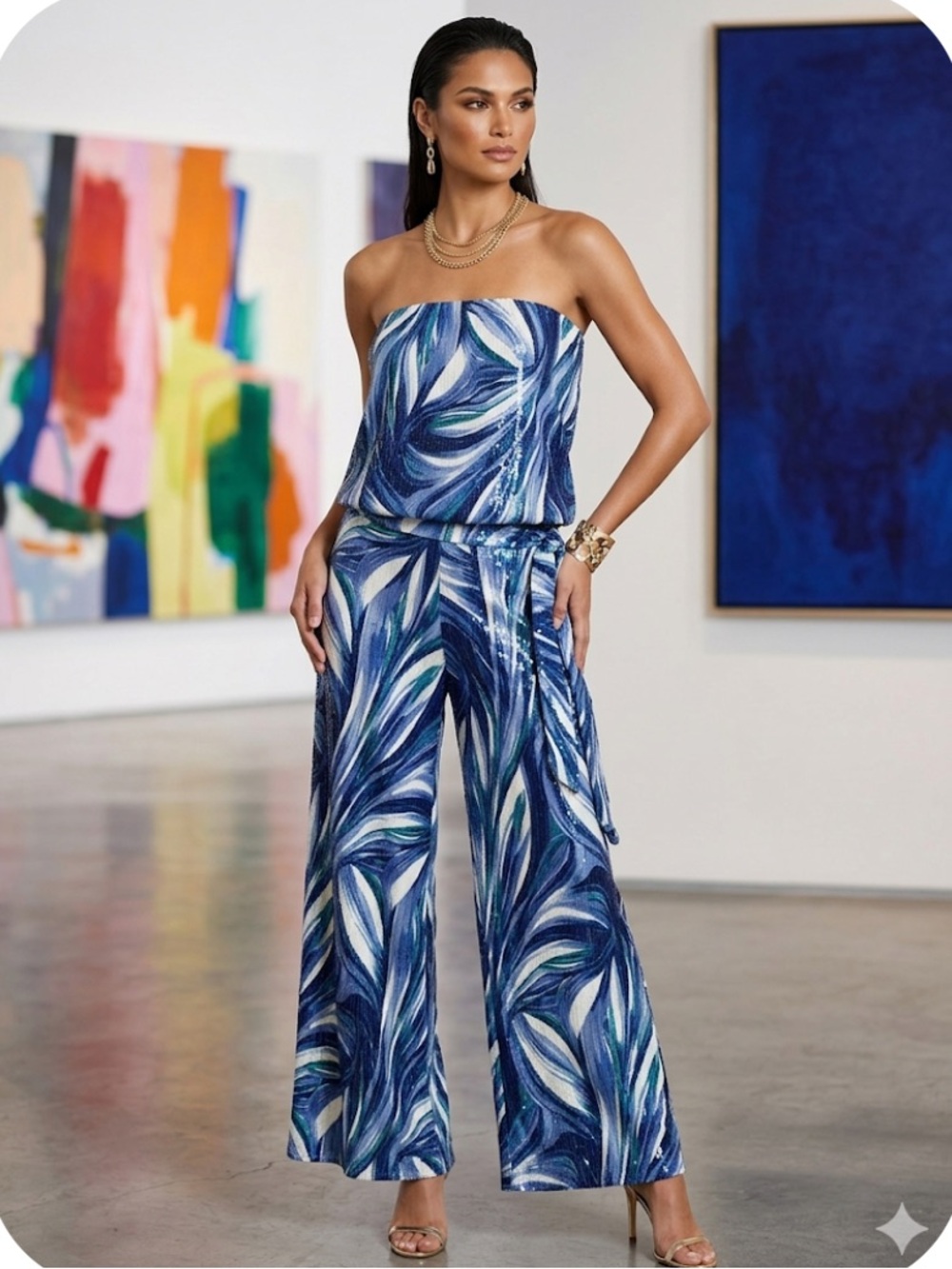 Ariella Blue white green  Strapless palazzo pant set with Abstract  Print L